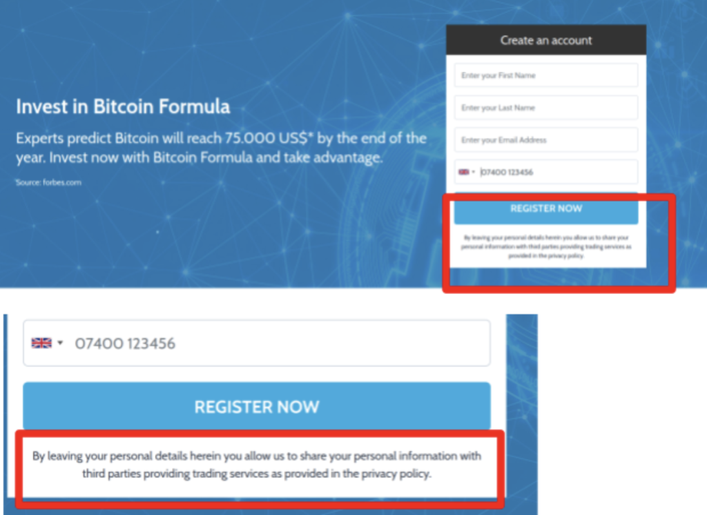 formulaire d'inscription de la formule Bitcoin
